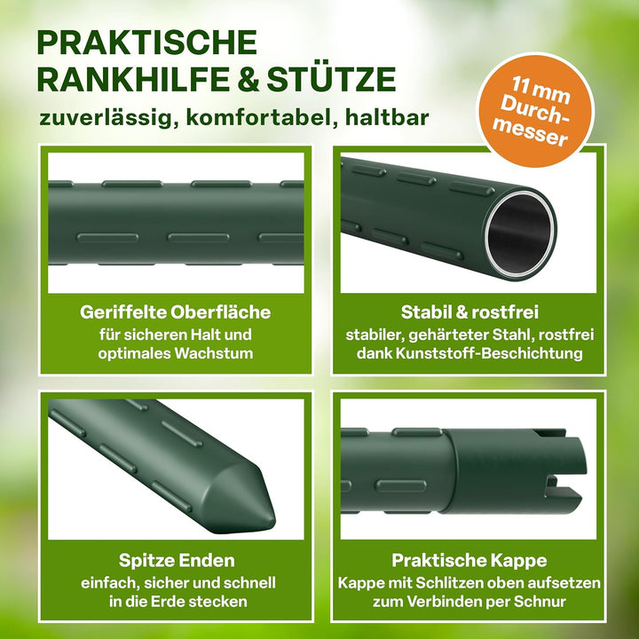 TTL GARDEN Rankstäbe 20er Set 120cm x 11mm Ø grün - Rankhilfe Pflanzstäbe + Klettband + Clips - Stah