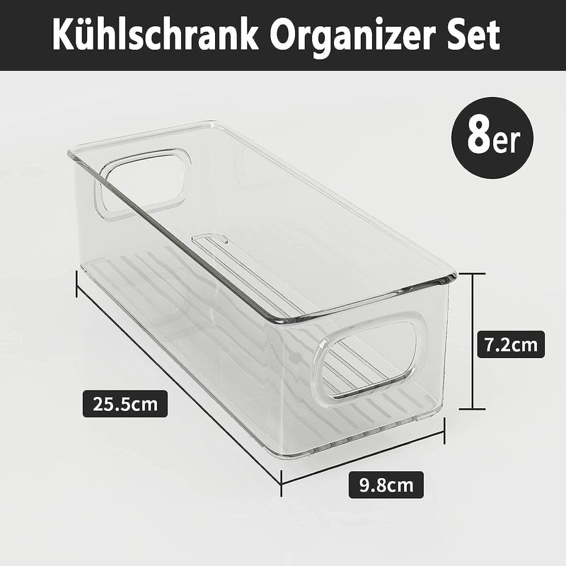 FINEW Kühlschrank Organizer 8er Set, Stapelbare Aufbewahrungsbox, Klein Kühlschrank Boxen mit Griff,