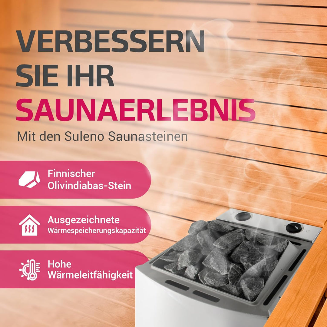 SULENO Original finnische Saunasteine 20kg Olivindiabas Aufgusssteine Dampfstein für Saunaofen Elekt