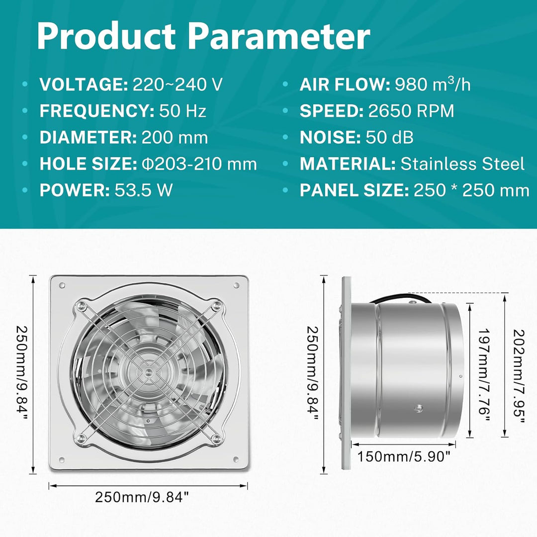 HG Power 200mm Abluftventilator, 980m³/h Wandventilator mit Rücklaufklappe Leistungsstarke mit EU-St