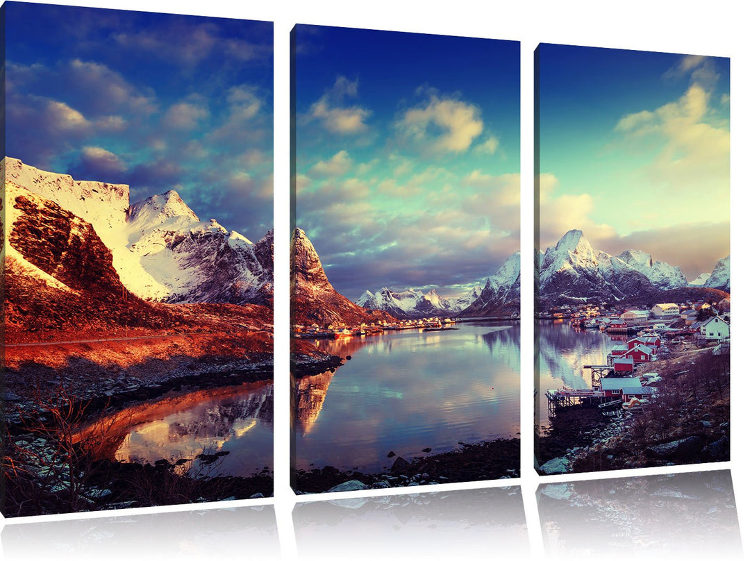 Pixxprint Schneelandschaft in einem Dorf in Norwegen 3-Teiler Leinwandbild 120x80 Bild auf Leinwand