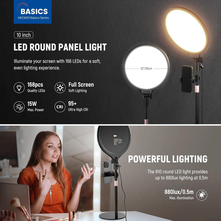 NEEWER Basics 10,5" Desk Ring Light w Stand/Phone Holder/Timer, Full Screen 15W Dimmable LED Selfie