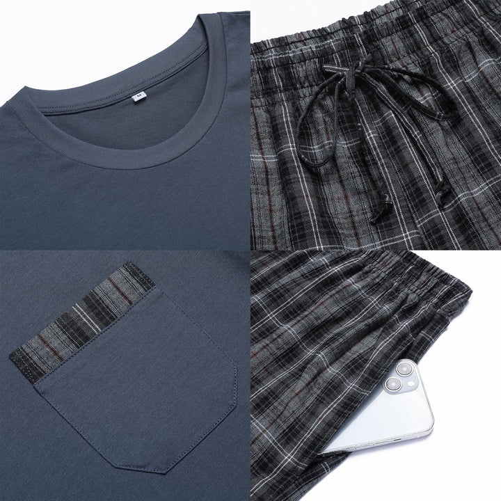 Winovia Schlafanzug Herren Kurz Pyjama 100% Baumwolle Kurzarm Nachtwäsche Nightwear Set mit Rundhals