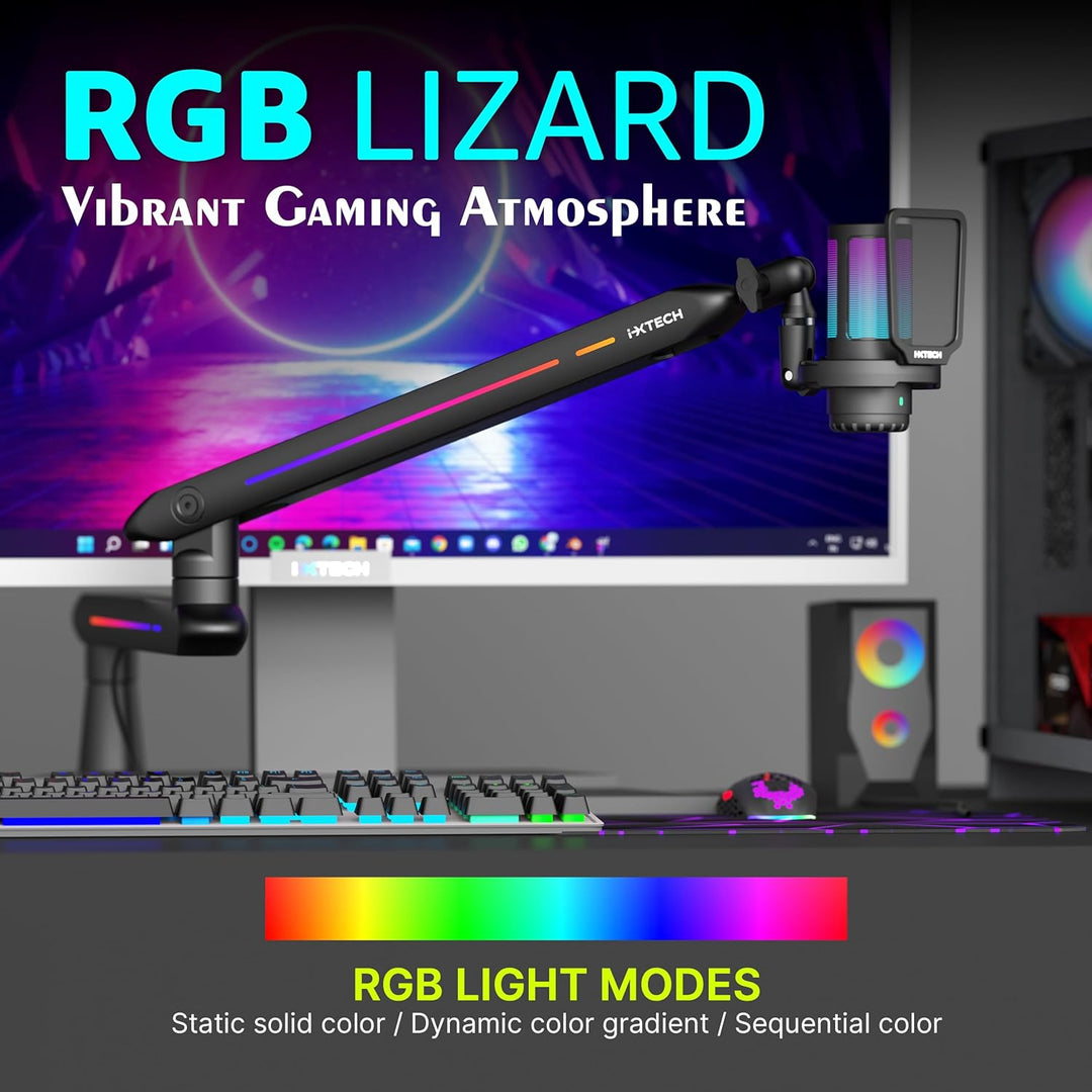 IXTECH RGB Low Profile Galgenarm für Mikrofon, verstellbarer Mikrofonarmständer mit Tischhalterungsk