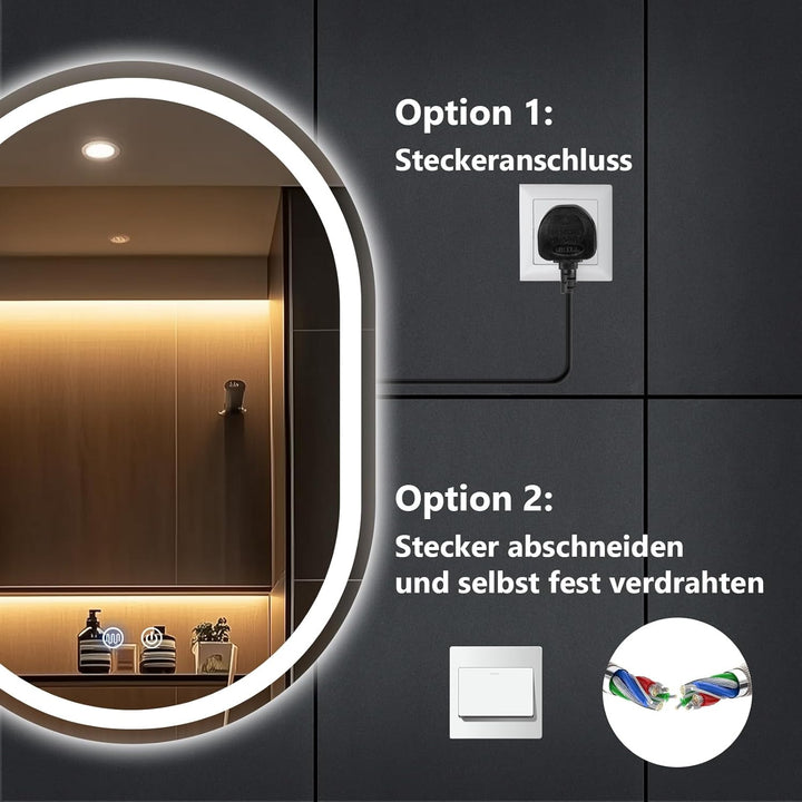 Badspiegel Mit Beleuchtung, 60x80 cm Oval Spiegel mit Beleuchtung, Badspiegel mit Touch-Schalter, Be