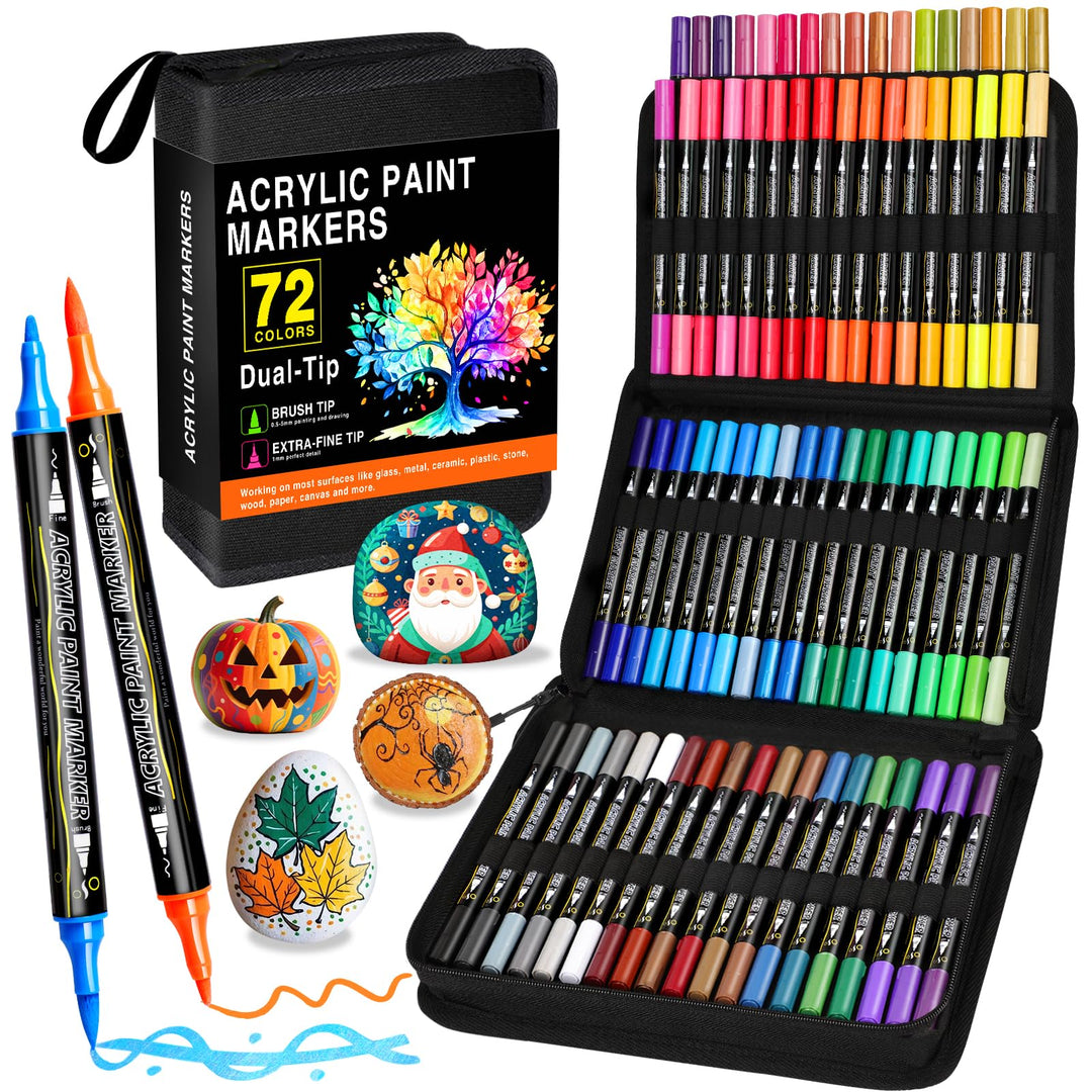 Acrylstifte Set 72 Farben, Dual Tip Acrylic Paint Marker mit Feiner Spitze und Pinsel, Acrylmarker W