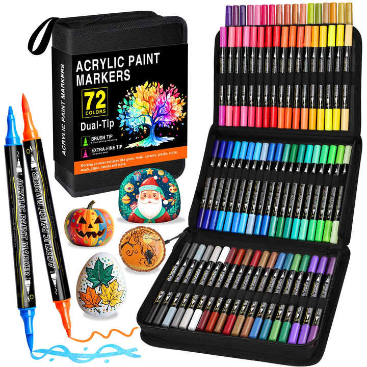 Acrylstifte Set 72 Farben, Dual Tip Acrylic Paint Marker mit Feiner Spitze und Pinsel, Acrylmarker W