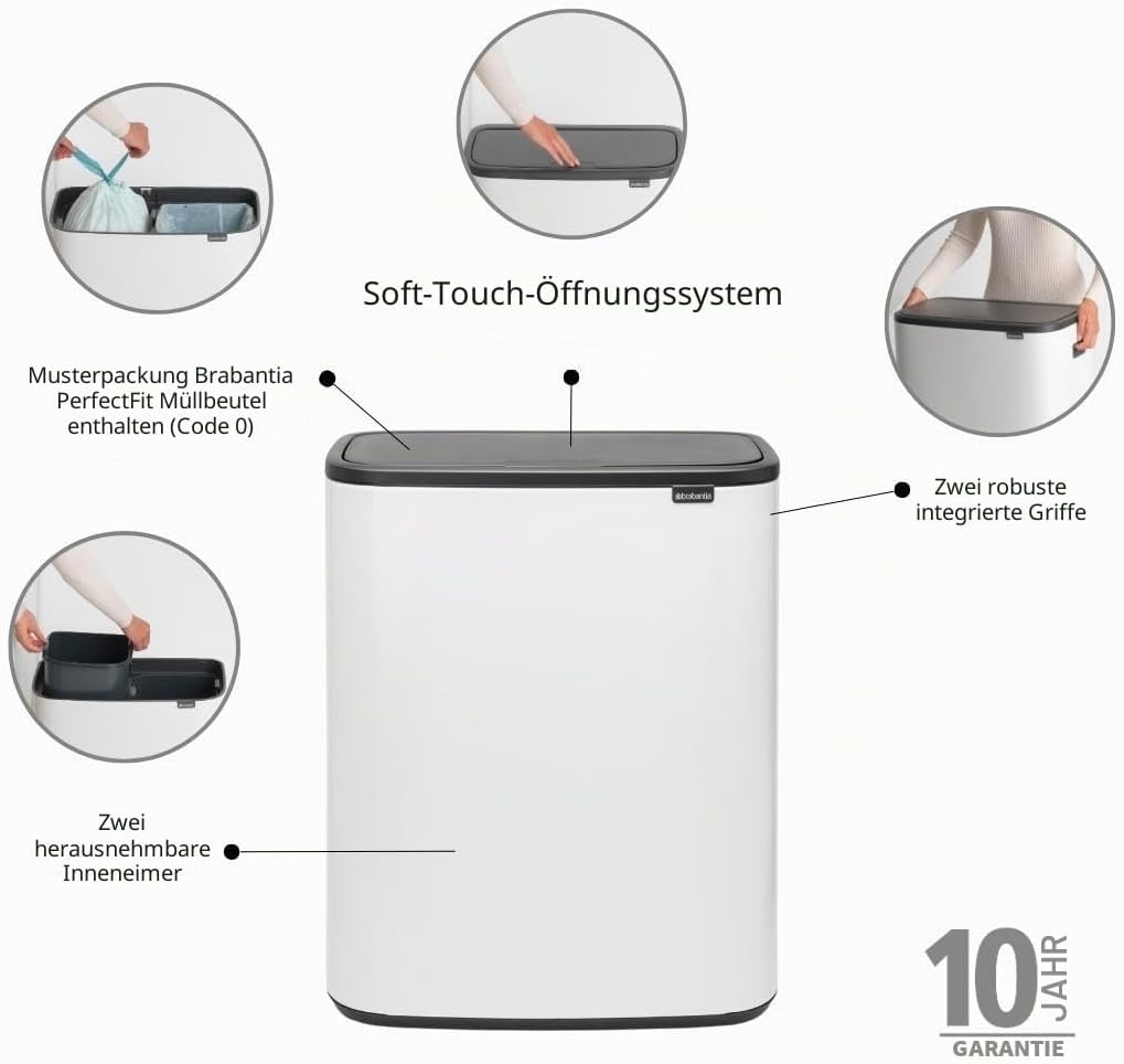 Brabantia Bo Touch Bin mit 2 Innen eimern, 2 x 30 Liter, Weiss 2 Inneneimer (2 x 30L) weiss, 2 Innen