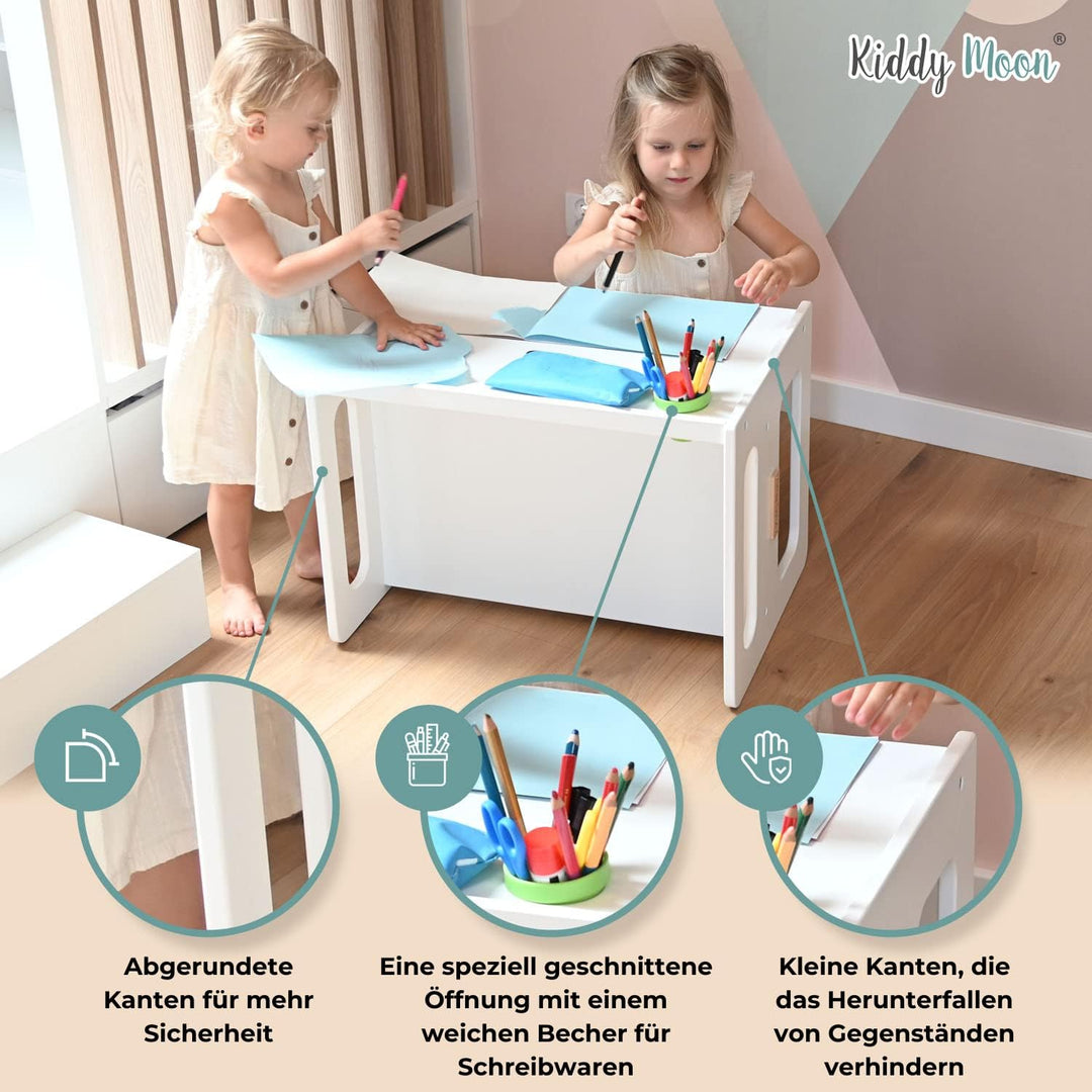 KiddyMoon Kindertisch Mit Stuhl Für Kinder Runde Tresor Kanten Kinderzimmer Möbel, Weiss Kindertisch