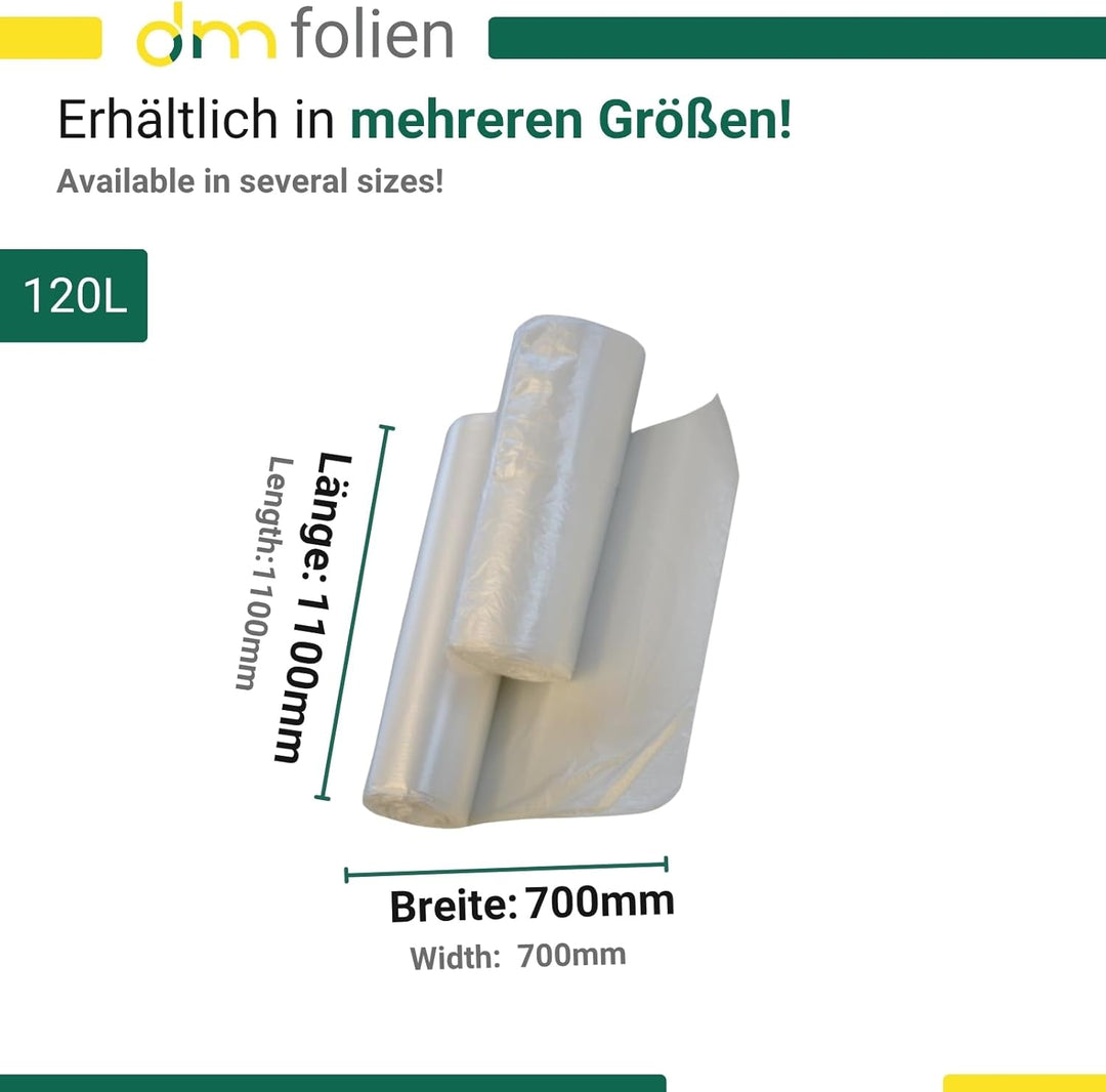 dm-folien gmbh Müllsäcke 120 Liter - 700 x 1100 mm | 250 Stück | Transparente Abfallsäcke | Reissfes