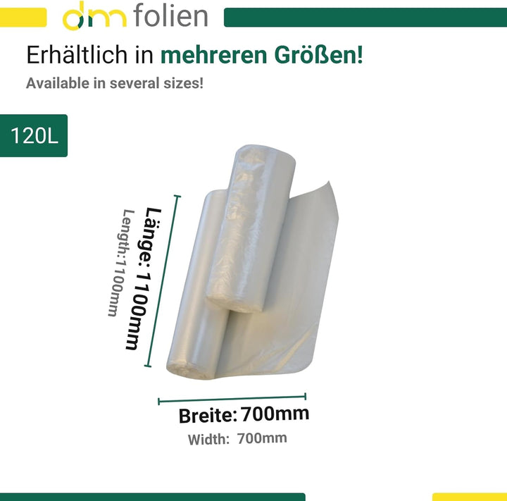 dm-folien gmbh Müllsäcke 120 Liter - 700 x 1100 mm | 250 Stück | Transparente Abfallsäcke | Reissfes