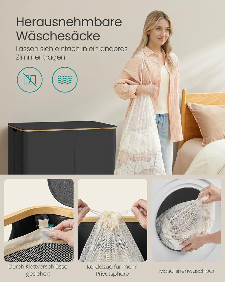 SONGMICS Wäschekorb mit Deckel, Wäschesammler mit 4 Fächern, 200 L, herausnehmbarer Wäschesack, Oxfo