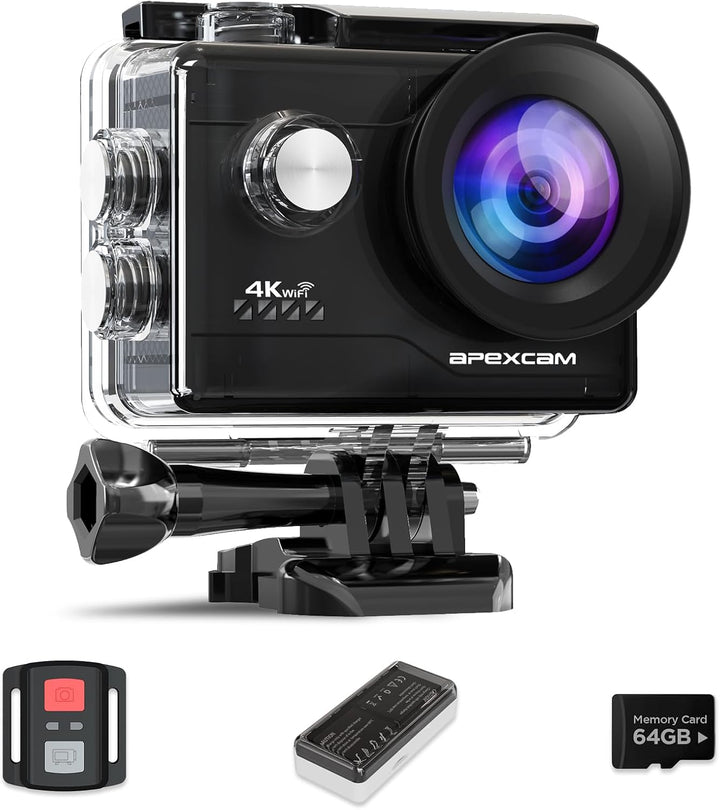 Apexcam 4K Action Cam 20MP mit 64GB Speicherkarte WiFi Sports Kamera Ultra HD Unterwasserkamera 40m