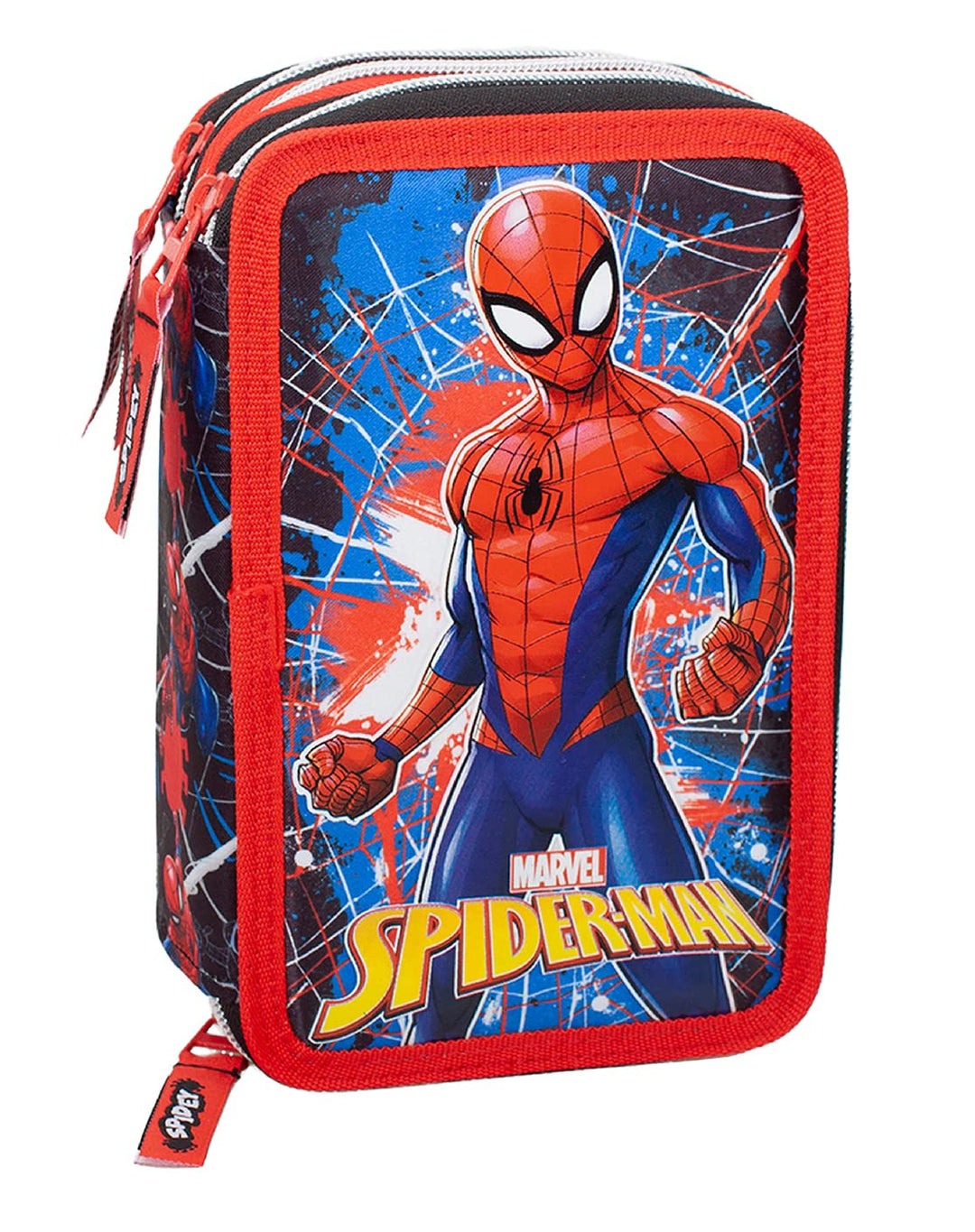 L'ERBAVOGLIO Federmäppchen für Schule, 3 Reissverschluss, komplett mit 44 Stück, Spiderman (rot/schw