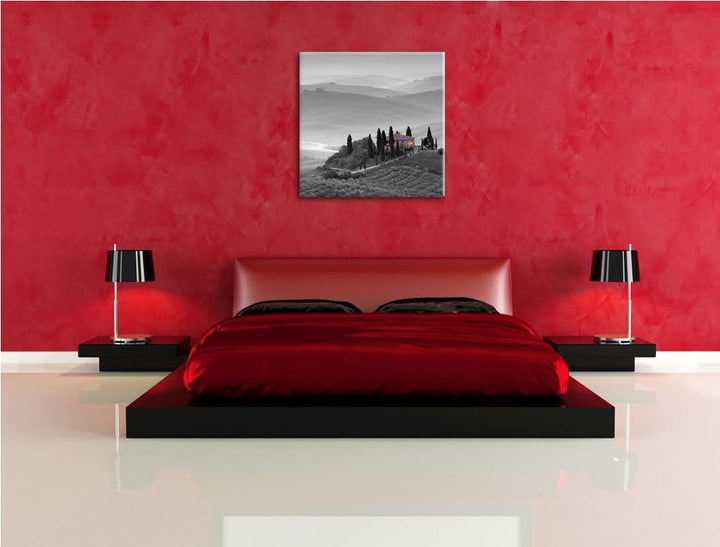 Pixxprint schöne Toskana Landschaft schwarz/weiss, Format: 70x70 auf Leinwand, 70x70