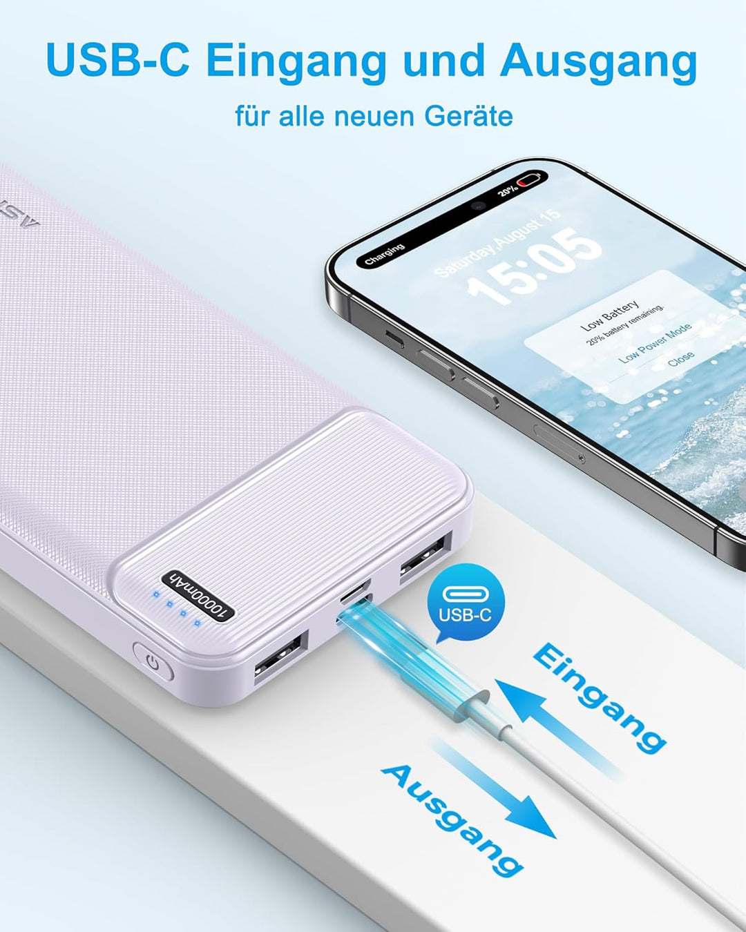 AsperX Power Bank 10000mAh 2 Stück, Slim Klein Aber Stark Externer Handyakkus, USB C Eingang und Aus