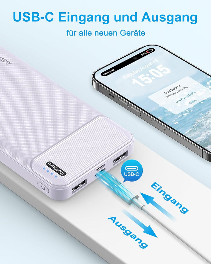 AsperX Power Bank 10000mAh 2 Stück, Slim Klein Aber Stark Externer Handyakkus, USB C Eingang und Aus