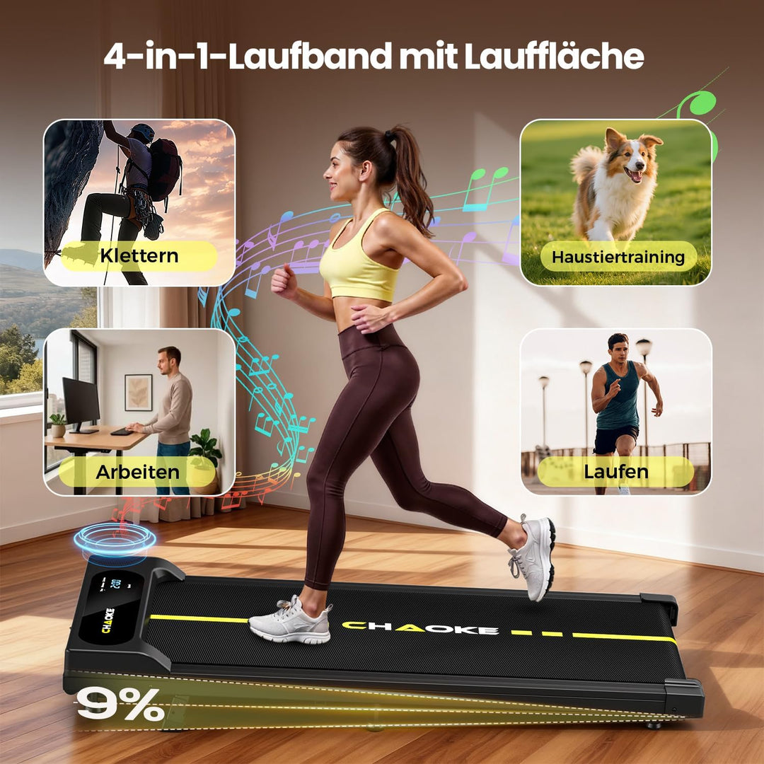 CHAOKE Walking Pad mit Steigung 9%, 1-10 km/h Laufband für Zuhause mit APP, 2.75HP Walking Pad Cardi