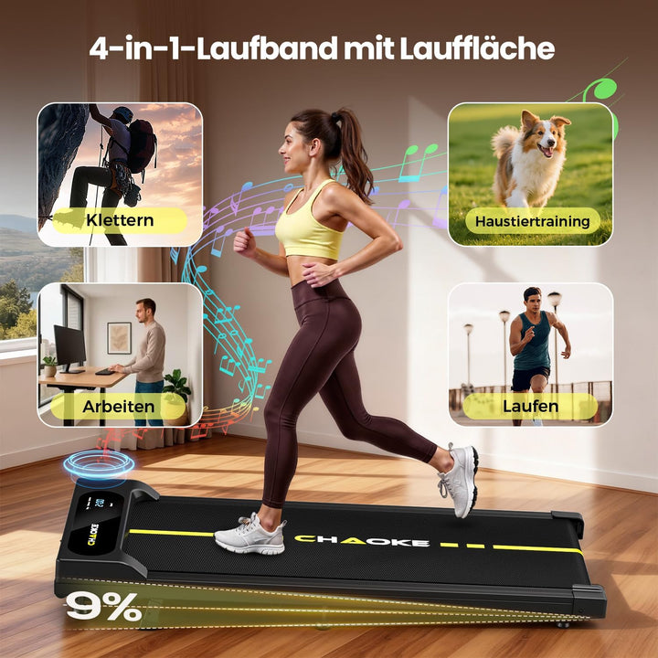 CHAOKE Walking Pad mit Steigung 9%, 1-10 km/h Laufband für Zuhause mit APP, 2.75HP Walking Pad Cardi