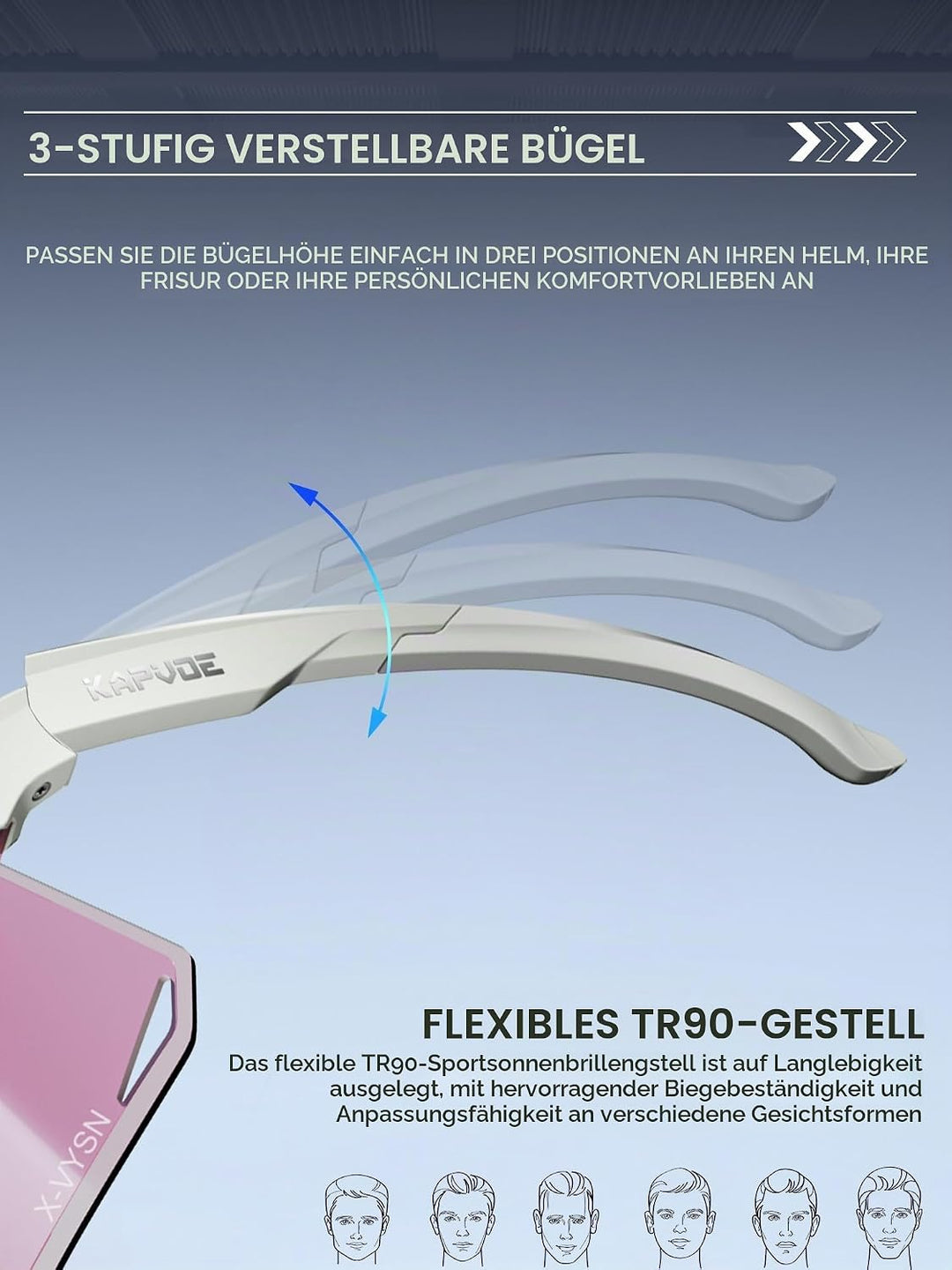KAPVOE Fahrradbrille Herren Damen mit 3-stufig verstellbaren Bügeln K347 Grau-Rosasilber, Grau-Rosas