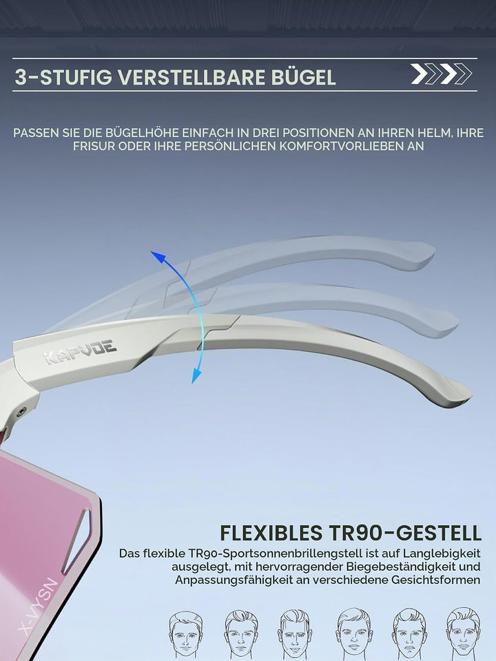 KAPVOE Fahrradbrille Herren Damen mit 3-stufig verstellbaren Bügeln K347 Grau-Rosasilber, Grau-Rosas