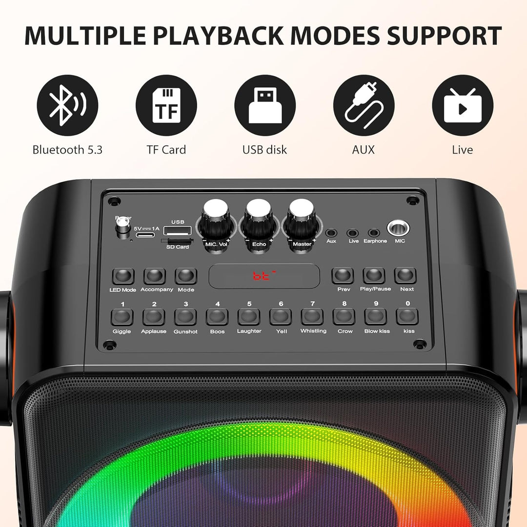 Karaoke Maschine mit 2 drahtlosen Mikrofones, Tragbaren Bluetooth 5.3 Karaoke Anlage Lautsprecher mi