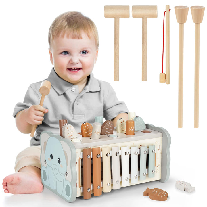 DINORUN Montessori Spielzeug ab 1 Jahr, Hammerspiel Holzspielzeug Motorikspielzeug, Xylophon Kinder