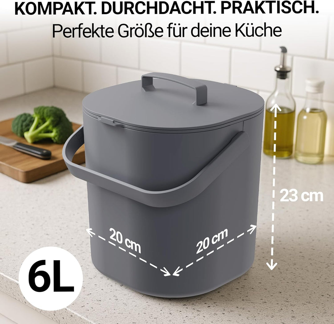 PTMS® Biomülleimer Küche 6L - Biomüll mit praktischem Deckel zum Einhängen & Innensieb - Spülmaschin