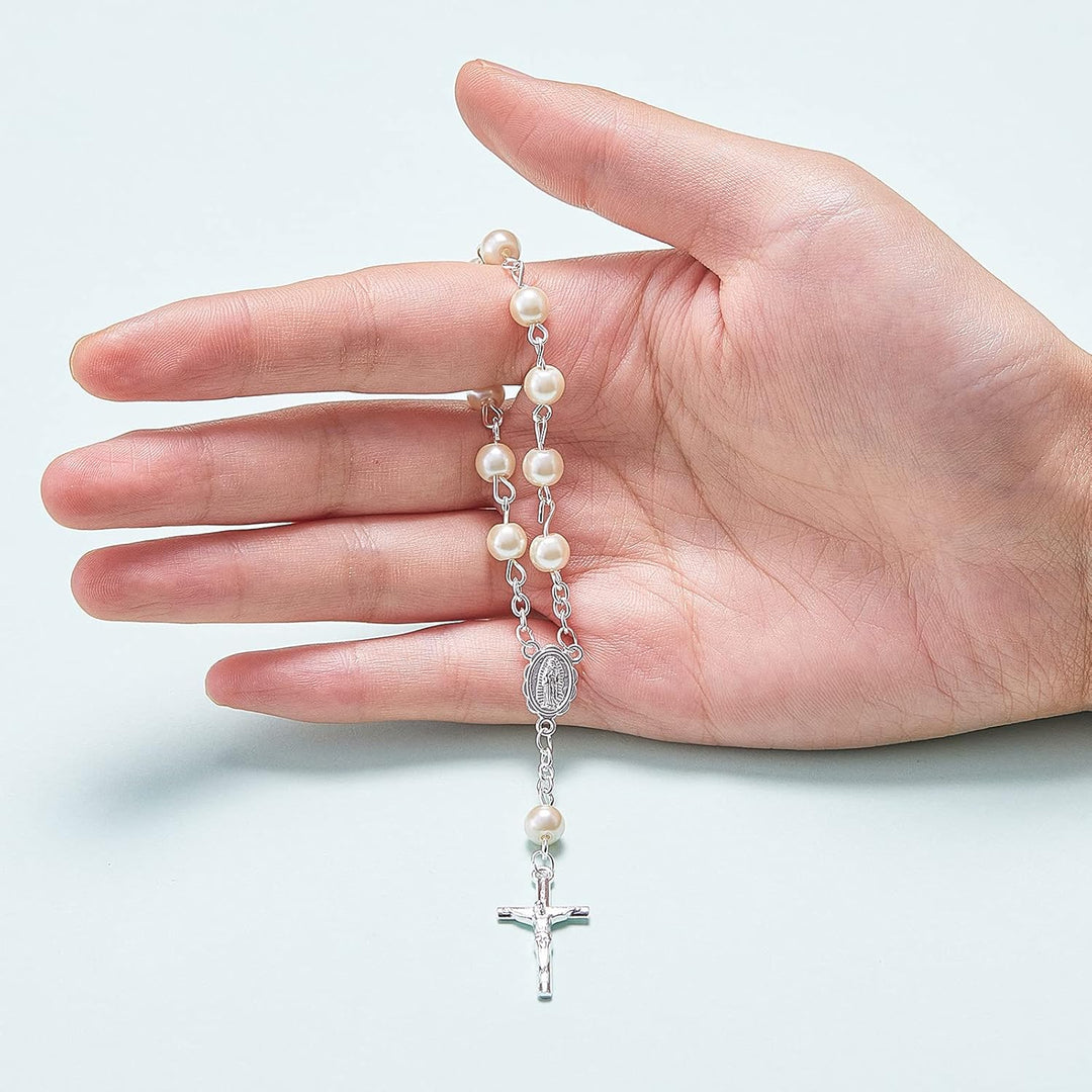 Junkin 30 Stück Taufrosenkranz Rosenkranz aus Acryl Elfenbeinfarbene Mini Fingertauf Rosenkränze Kun