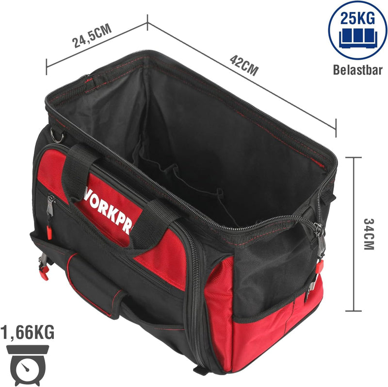 WORKPRO Elektriker Wasserdichte Werkzeugtasche Profi, weite Öffnung & grosse Kapazität 42CM/16" aus