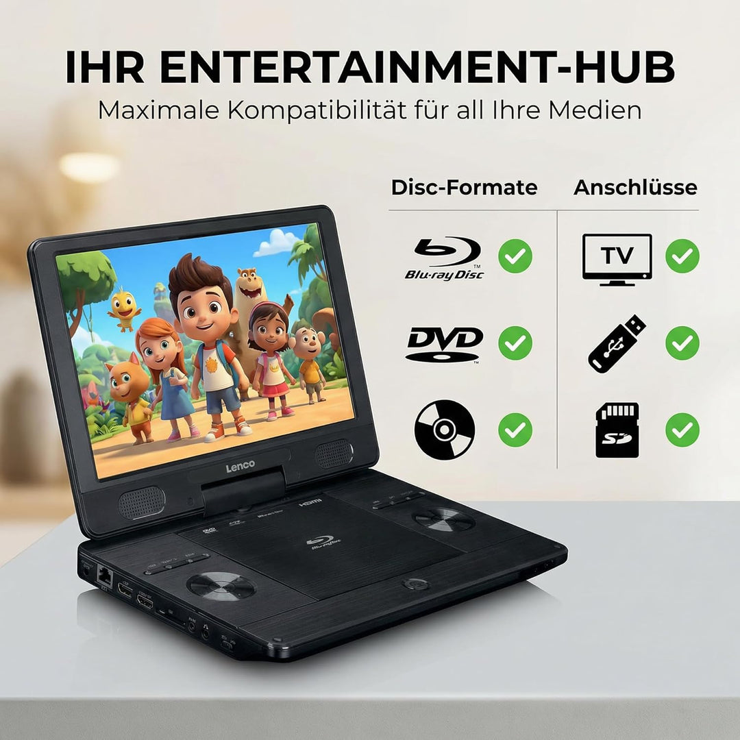 Lenco BRP-1150 tragbarer Blu-Ray DVD-Player - 11,5” drehbarer TFT Bildschirm mit 1024 x 600 Pixel -