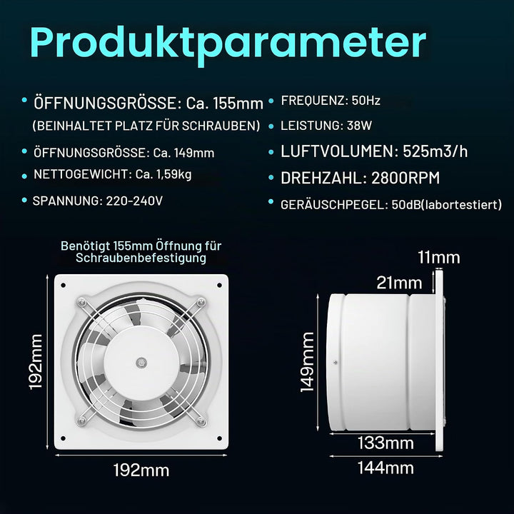 HG Power Abluftventilator 150mm - Badlüfter Leiser mit Rücklaufklappe, Geschwindigkeitsregler, Steck