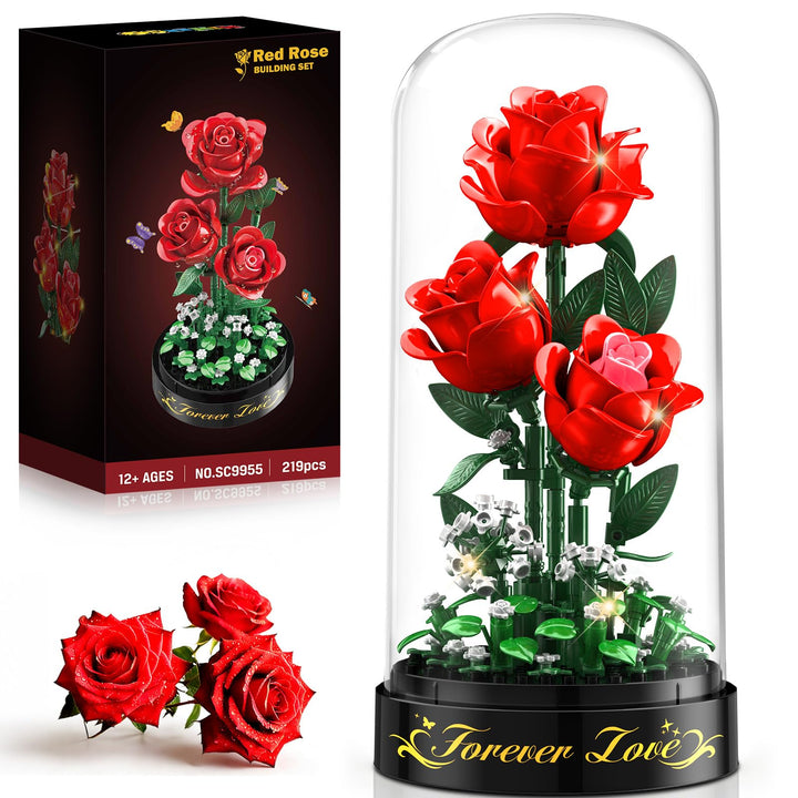 Rosen Blumenstrauss Bauset mit LED Licht – 3,6 MM Rosenstrauss mit Abdeckung Valentinstagsgeschenk f