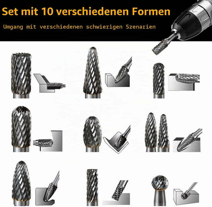 Hartmetall Frässtifte Set, 10 Stück Doppelschnitt mit 6mm Schaft Rotationsfräser Bits Raspel Set für