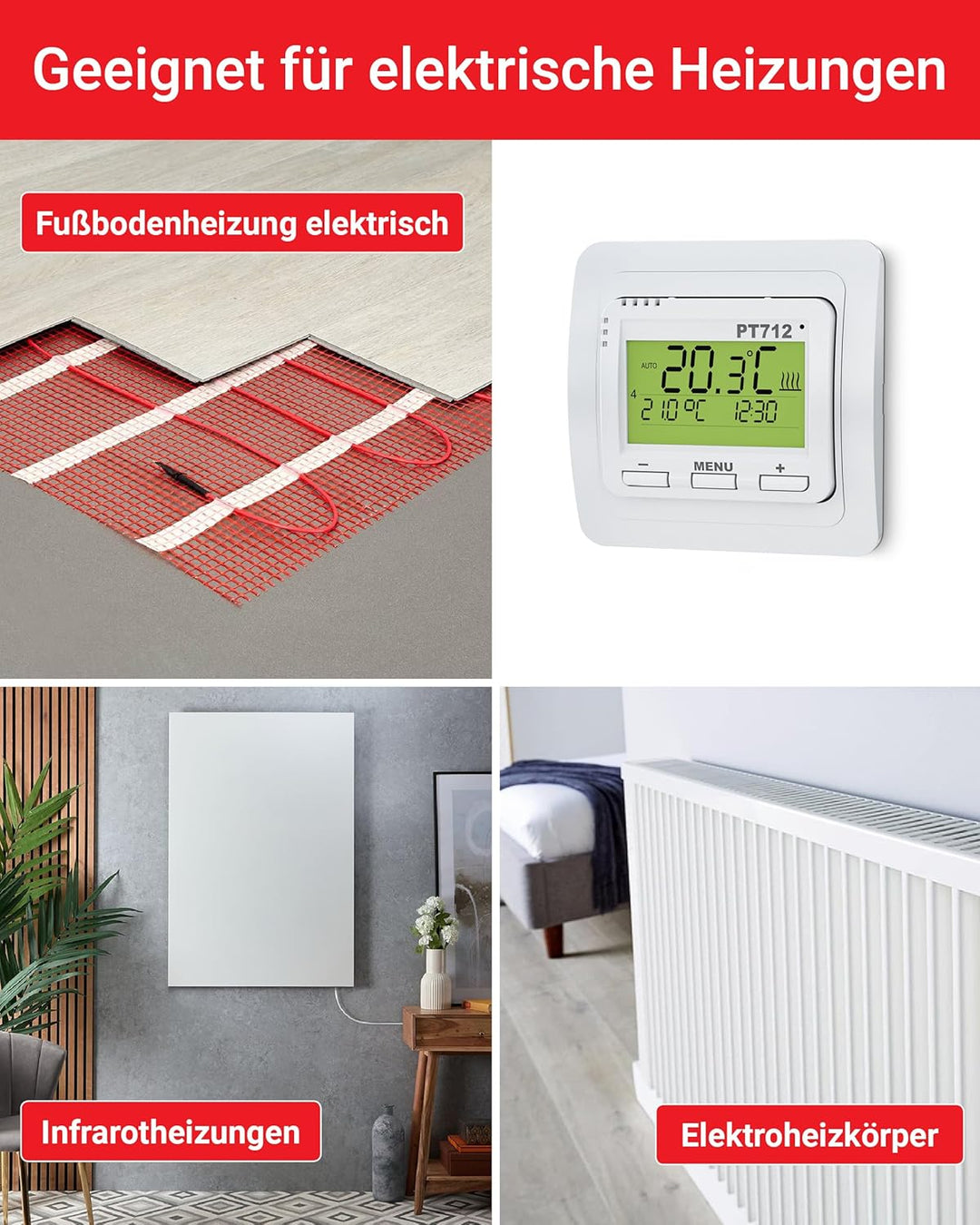 Elektrobock Digitaler Raumthermostat für Fussbodenheizung, PT712, 80 x 80 x 40 mm