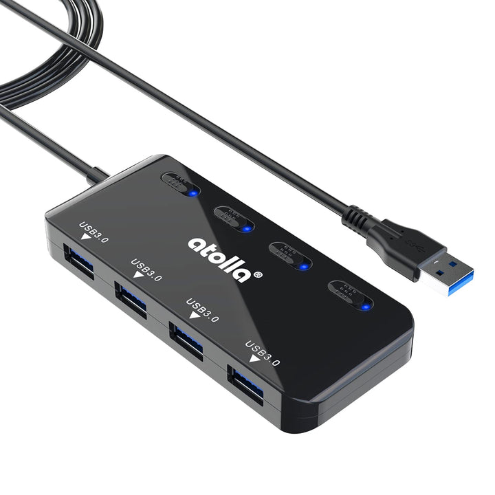 atolla USB Hub mit 4 USB 3.0 Ports, 60cm Kabel, Ultra dünn USB Verteiler mit einzelnen Power Schalte