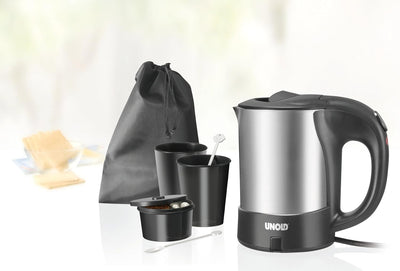 UNOLD 18575 Reise-Blitzkocher Edelstahl, 0.5 L Volumen, Edelstahl/Schwarz, 1.000 Watt, inkl. 2 Tasse