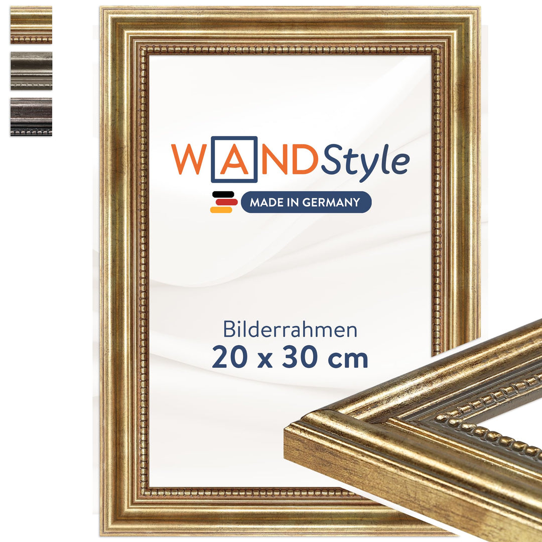 WANDStyle Bilderrahmen Antik 20x30cm I Farbe: Gold I Holzbilderrahmen I Fotorahmen I Goldener Barock
