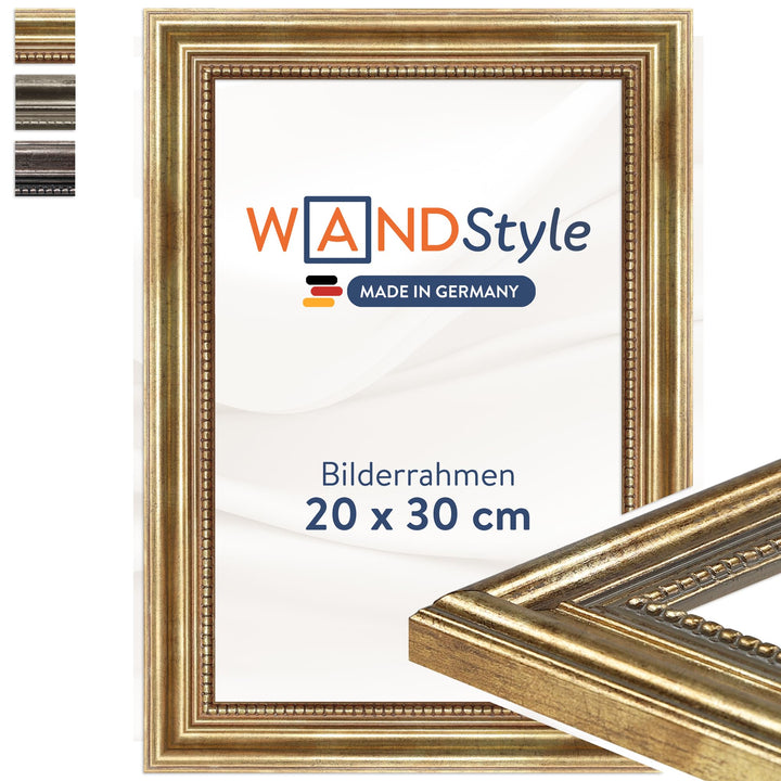 WANDStyle Bilderrahmen Antik 20x30cm I Farbe: Gold I Holzbilderrahmen I Fotorahmen I Goldener Barock
