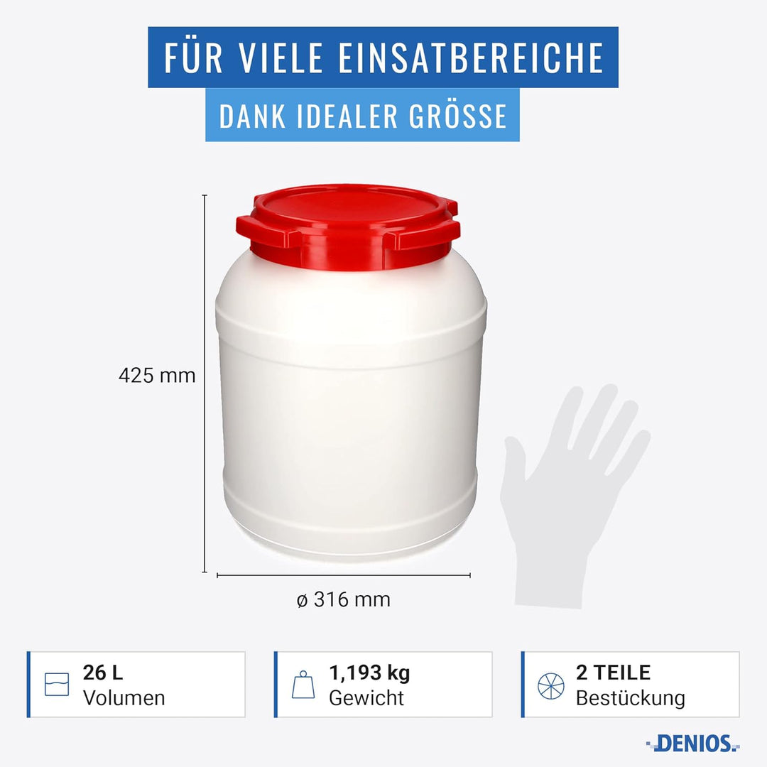 DENIOS® Weithalsfass WH 26, aus Polyethylen (PE), 26 Liter Volumen, weiss/rot, maximal sicher, 26 Li