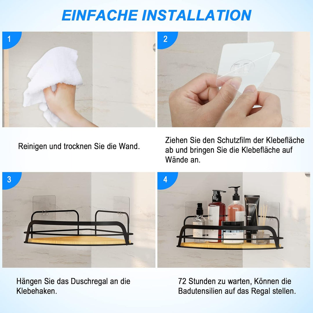 Duschablage Ecke ohne bohren, Duschregal Schwarz Selbstklebend Bambus Eckregal, Duschkorb Badregal E
