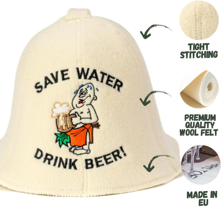 Natural Textile Saunahut 'Drink Beer' White - 100% organische Wollfilzmützen - Schützen Sie Ihren Ko