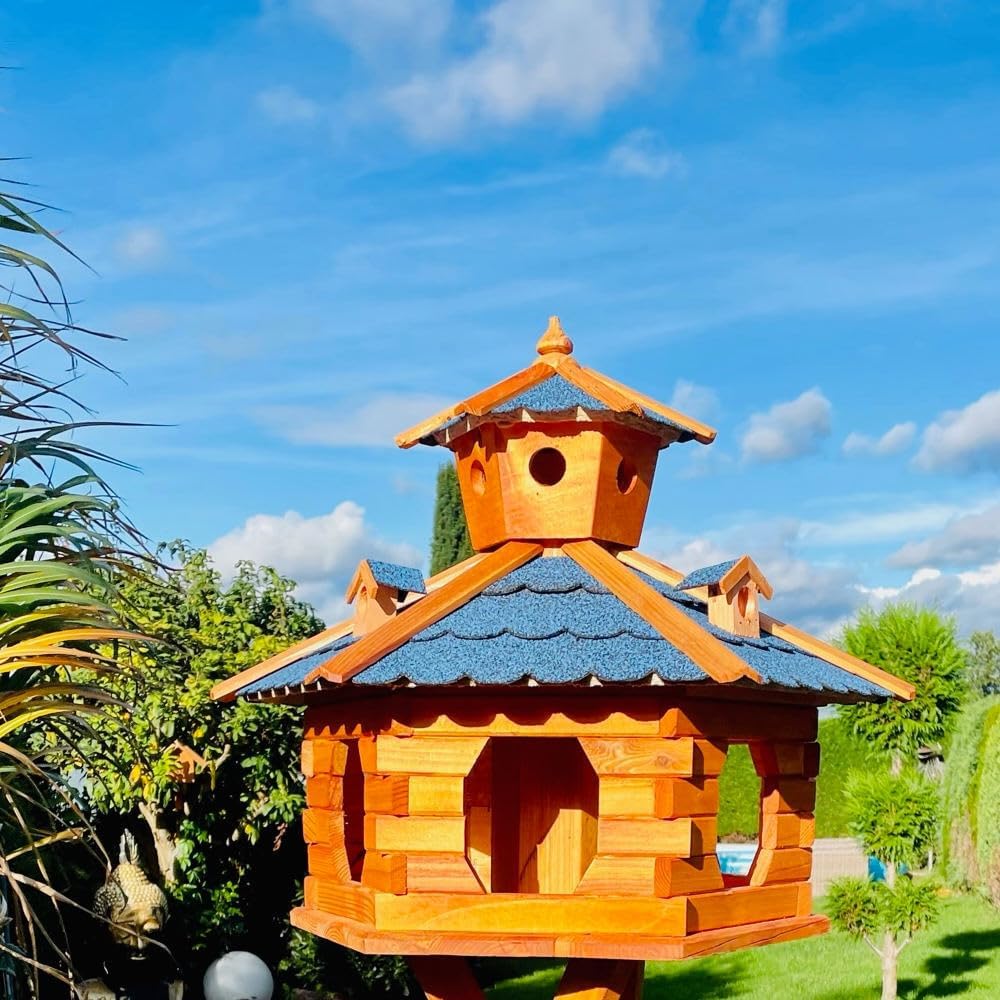 handgefertigtes Sechseck Vogelhaus aus Holz wetterfest M - XL mit und ohne Ständer, Futterhaus, Futt