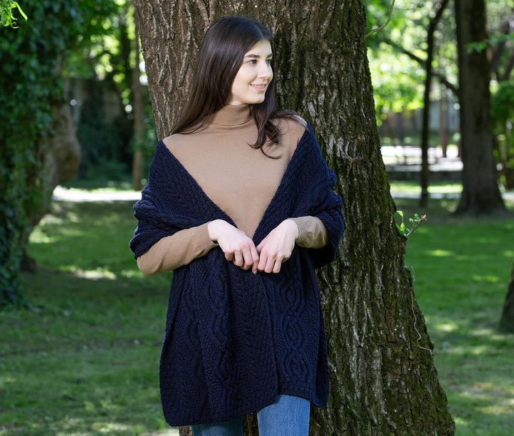 SAOL 100% Merinowolle Klassische Warme Irische Aran Cable Wickeln Schal für Damen Marine, Marine