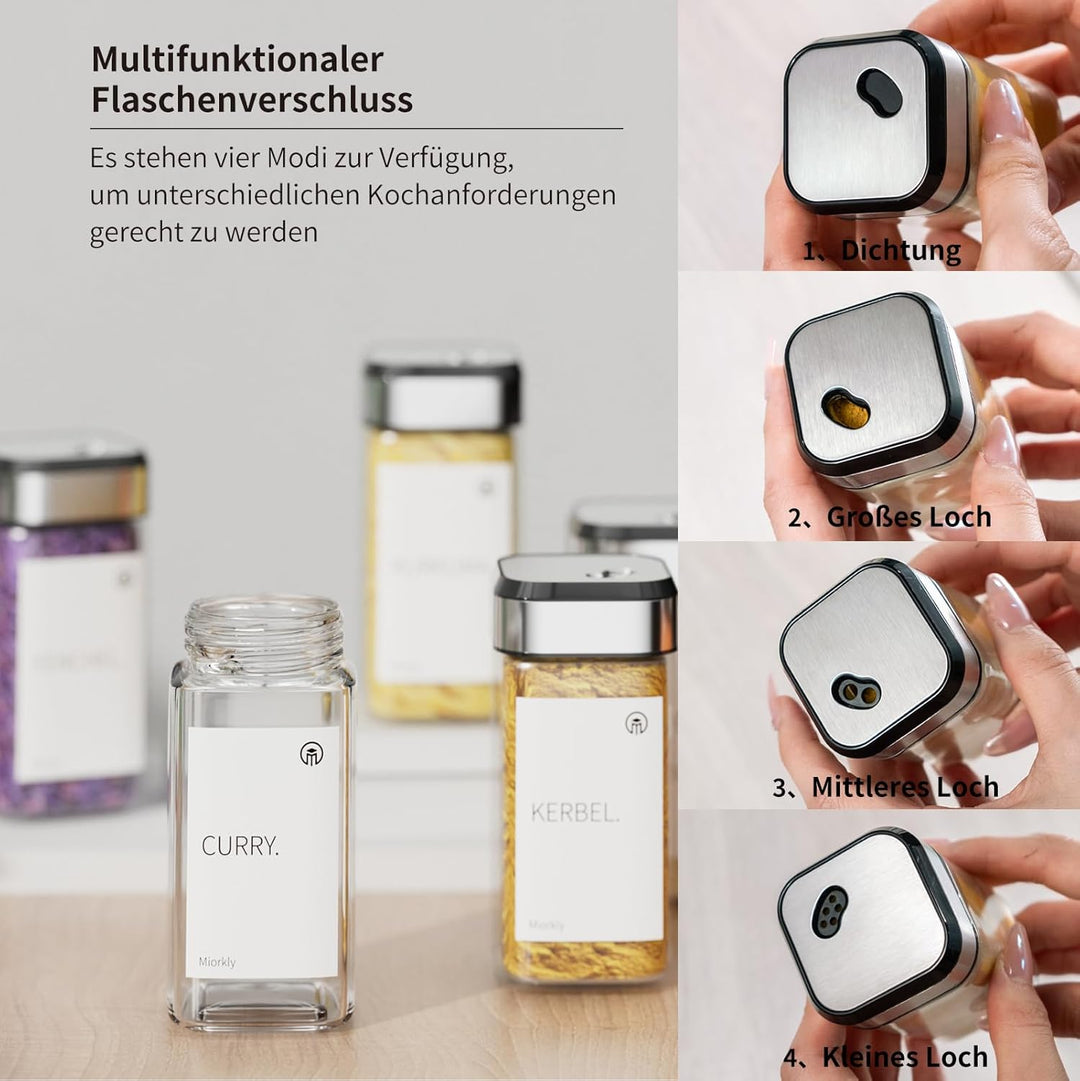 Miorkly Gewürzgläser Eckig mit Streueinsatz 12er, Gewürzstreuer Glas 120 ml-Gewürzdosen set-Gewürz O