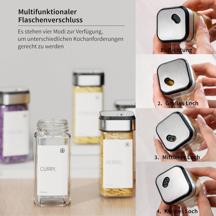 Miorkly Gewürzgläser Eckig mit Streueinsatz 12er, Gewürzstreuer Glas 120 ml-Gewürzdosen set-Gewürz O