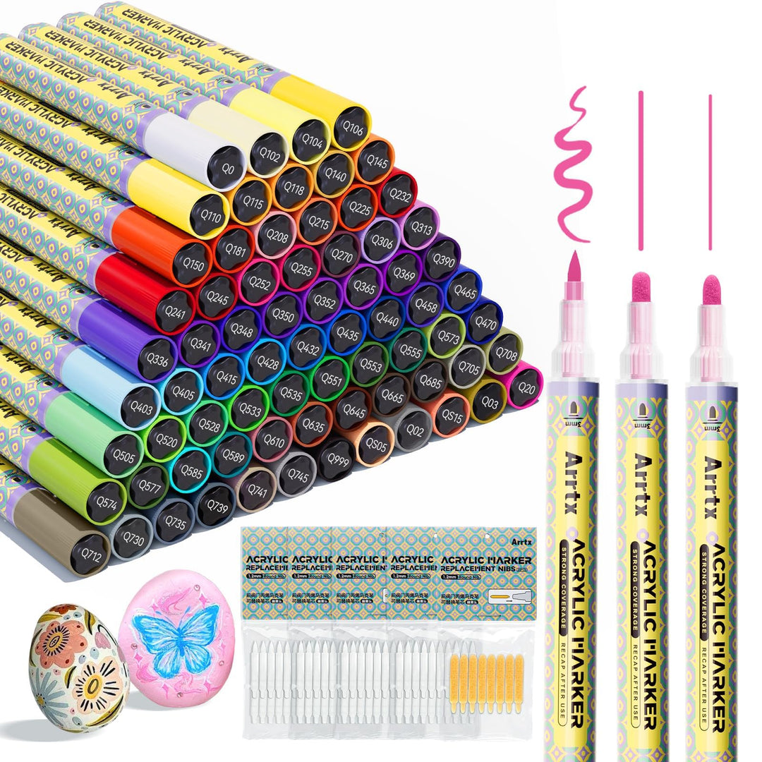 Arrtx 72 Farben Acrylfarben-Stifte, 3mm mittlere Spitze Farbmarker, ungiftig, 86 weiche Spitzen & 8
