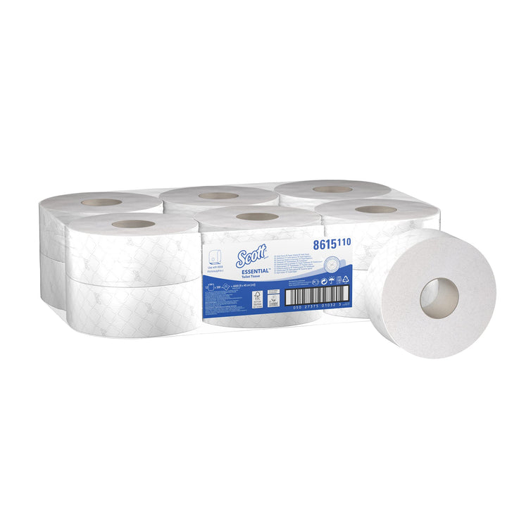 Scott Essential Jumbo Toilettenpapierrollen 8615 – 2-lagiges Toilettenpapier – 12 Rollen mit je 500