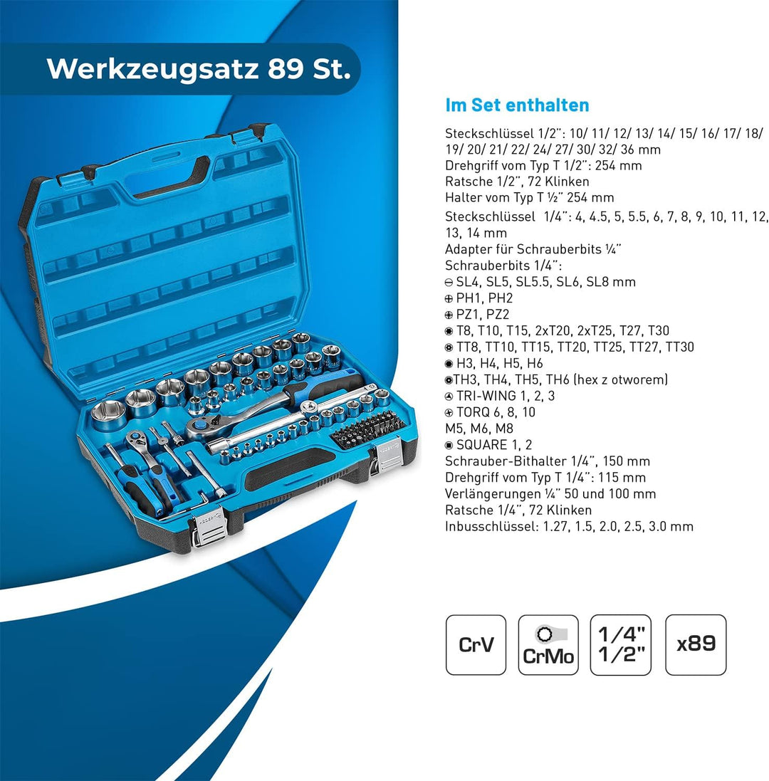 Högert Technik - Werkzeugset I Steckschlüssel, Bits und Zubehör I 1/4” und 1/2” I Legiertem Cr-V-Sta