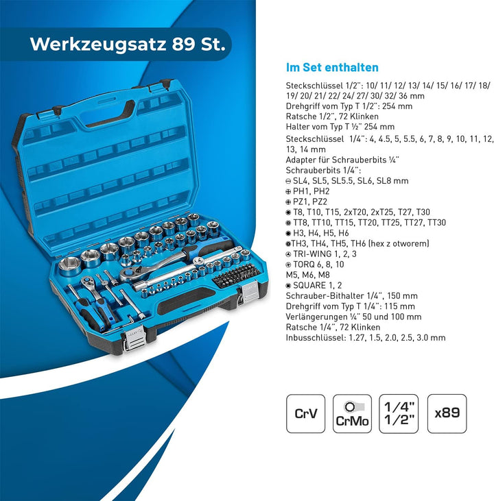 Högert Technik - Werkzeugset I Steckschlüssel, Bits und Zubehör I 1/4” und 1/2” I Legiertem Cr-V-Sta
